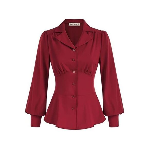 Grace Karin Women’s Office Bow Tie Blouse Puff Sleeve Red Size Large - Picture 1 of 7